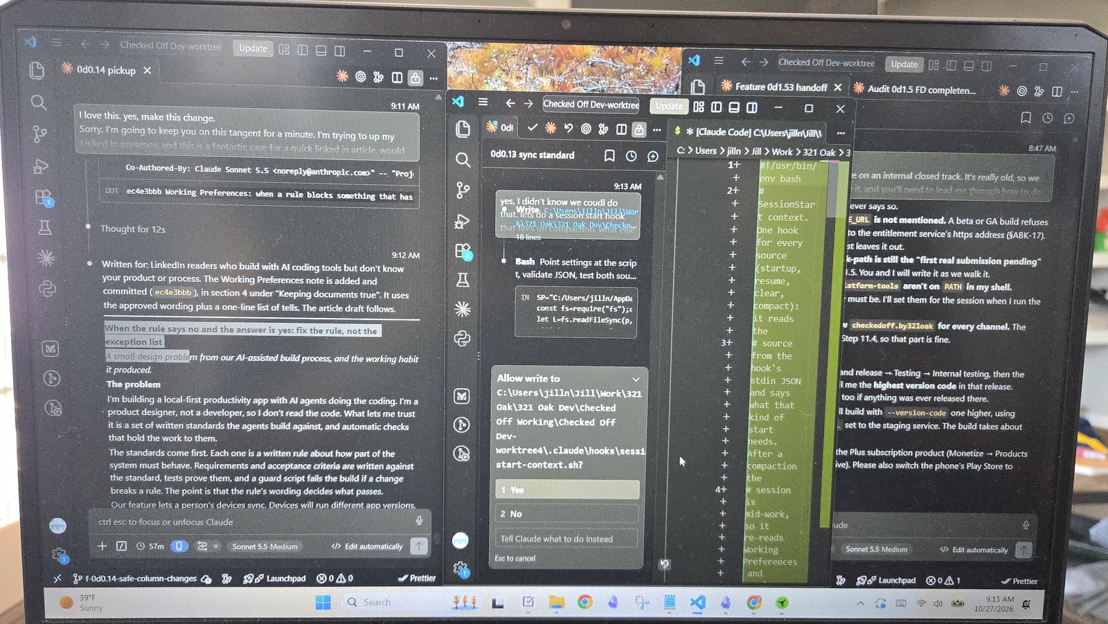 A laptop screen showing several VS Code windows side by side, each with a Claude Code conversation open.