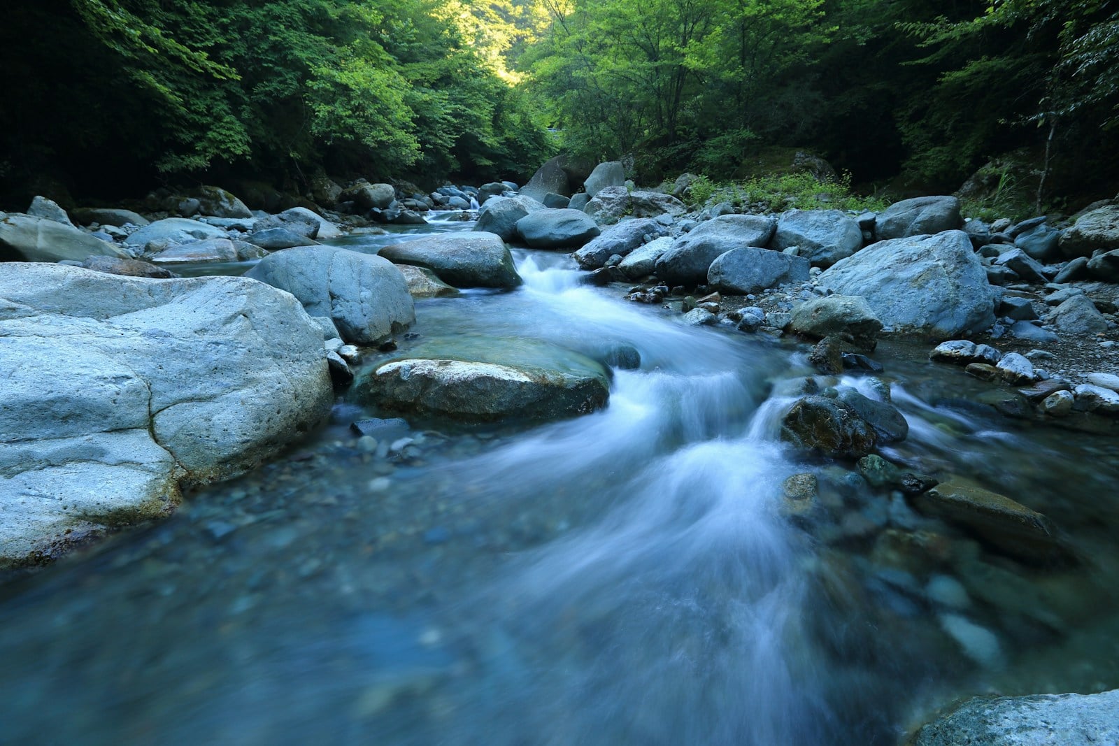 A long-exposure photograph of a stream flowing over and around large smooth boulders, the water rendered as silky white motion. Lush green forest fills the background.