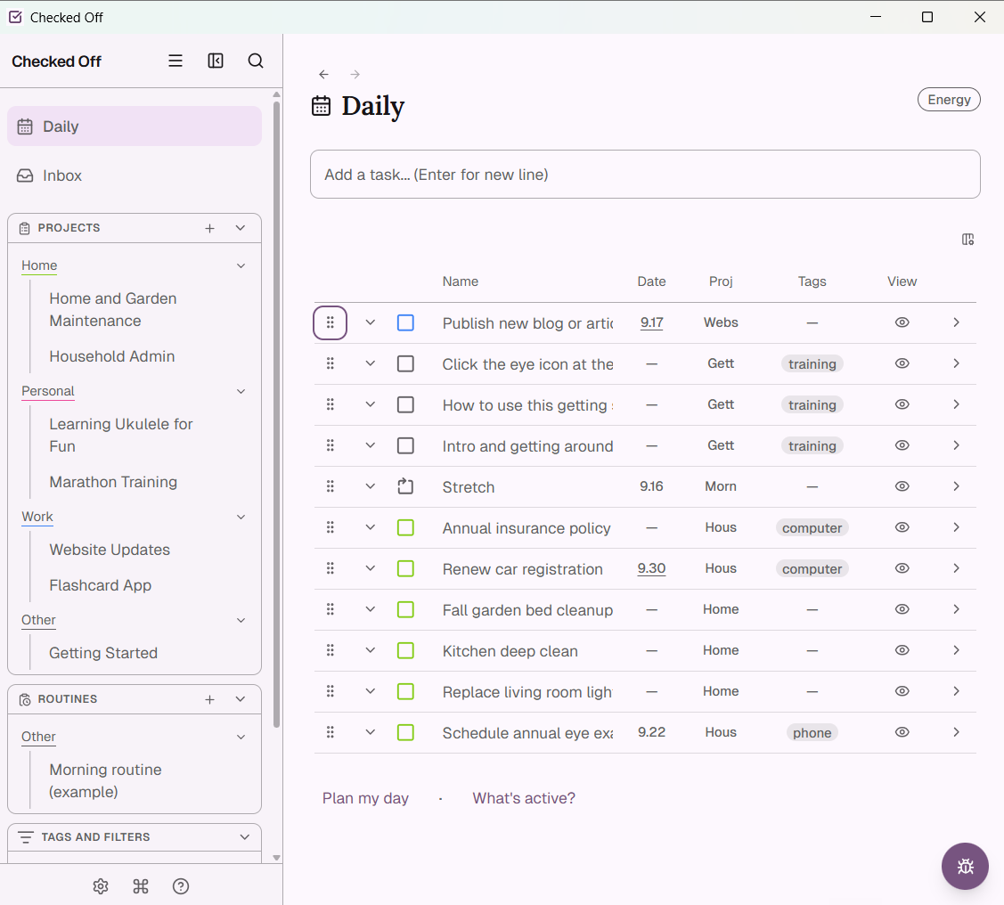 Daily planning with filters expanded